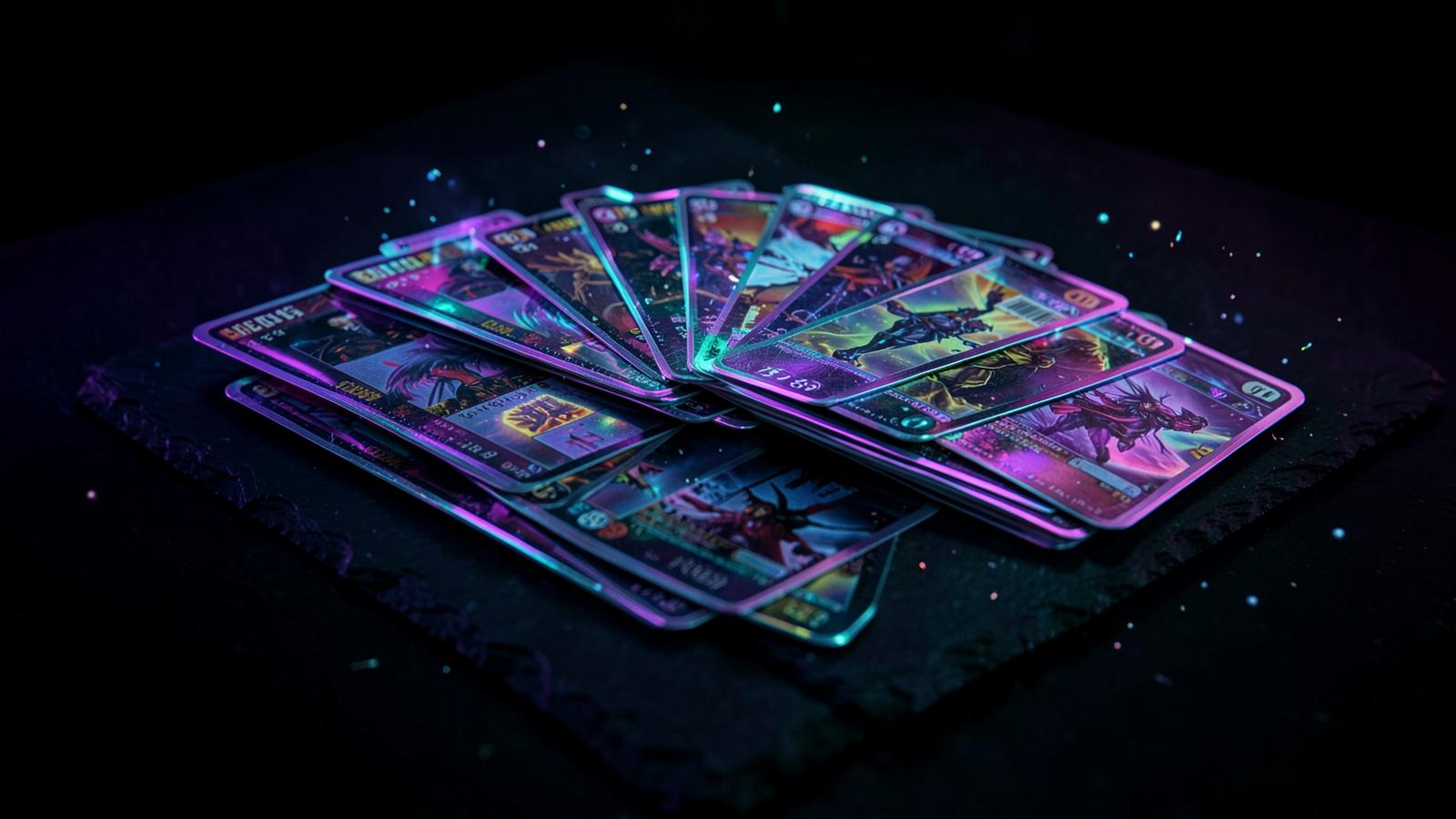 Holograficzne karty TCG rozłożone na ciemnym blacie